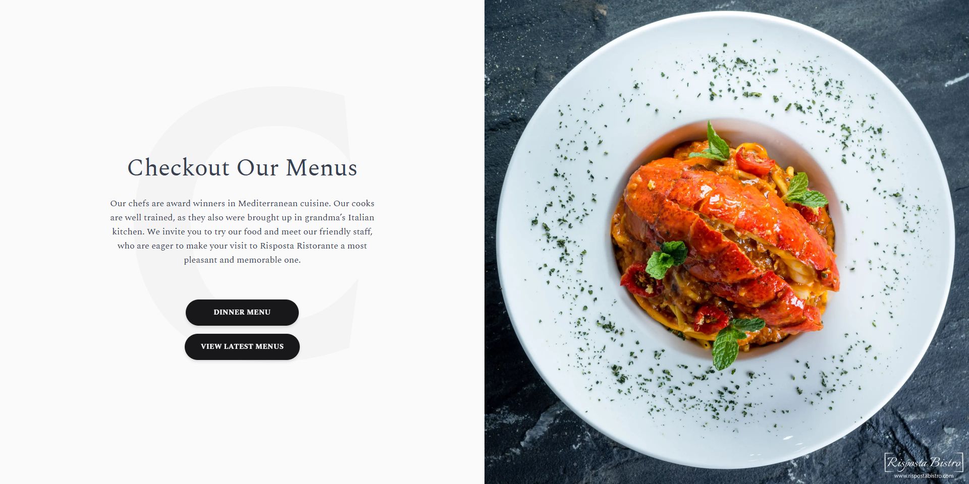 The 'Checkout Our Menus' section displaying text about award-winning Mediterranean cuisine alongside a visual of a plated pasta dish.