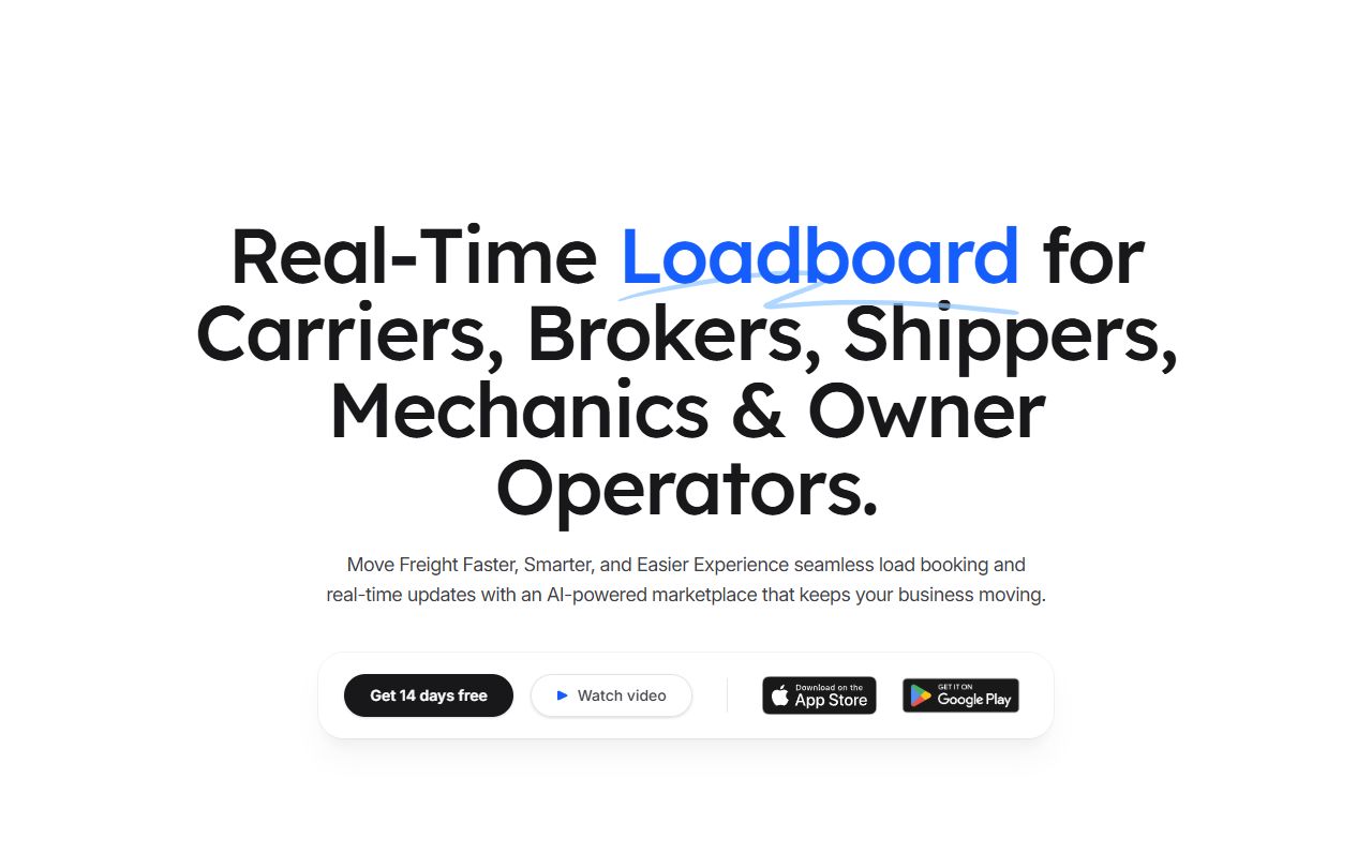 The homepage hero section featuring the headline 'Real-Time Loadboard' with a primary CTA button for a 14-day free trial.