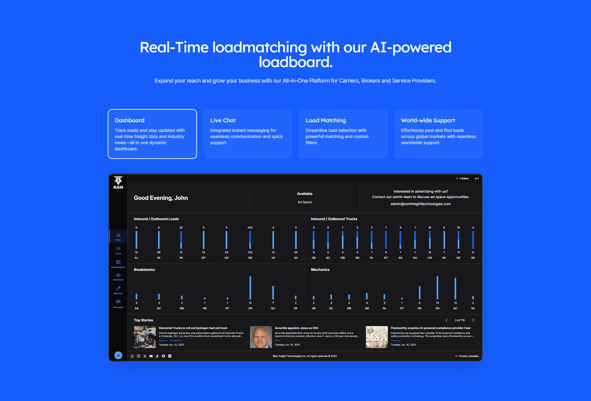 The features grid displaying Dashboard analytics, Live Chat messaging, Load Matching tools, and Worldwide support capabilities.