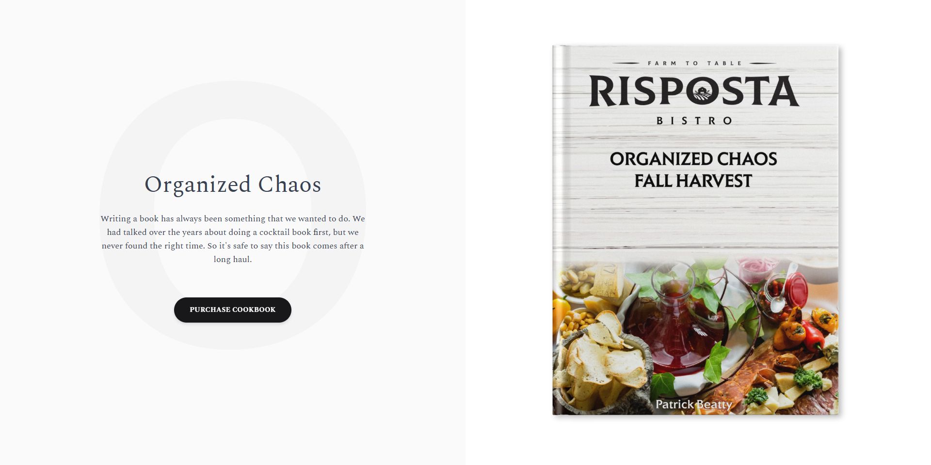 The Cookbook page showcasing the 'Organized Chaos Fall Harvest' cover art with purchase options.