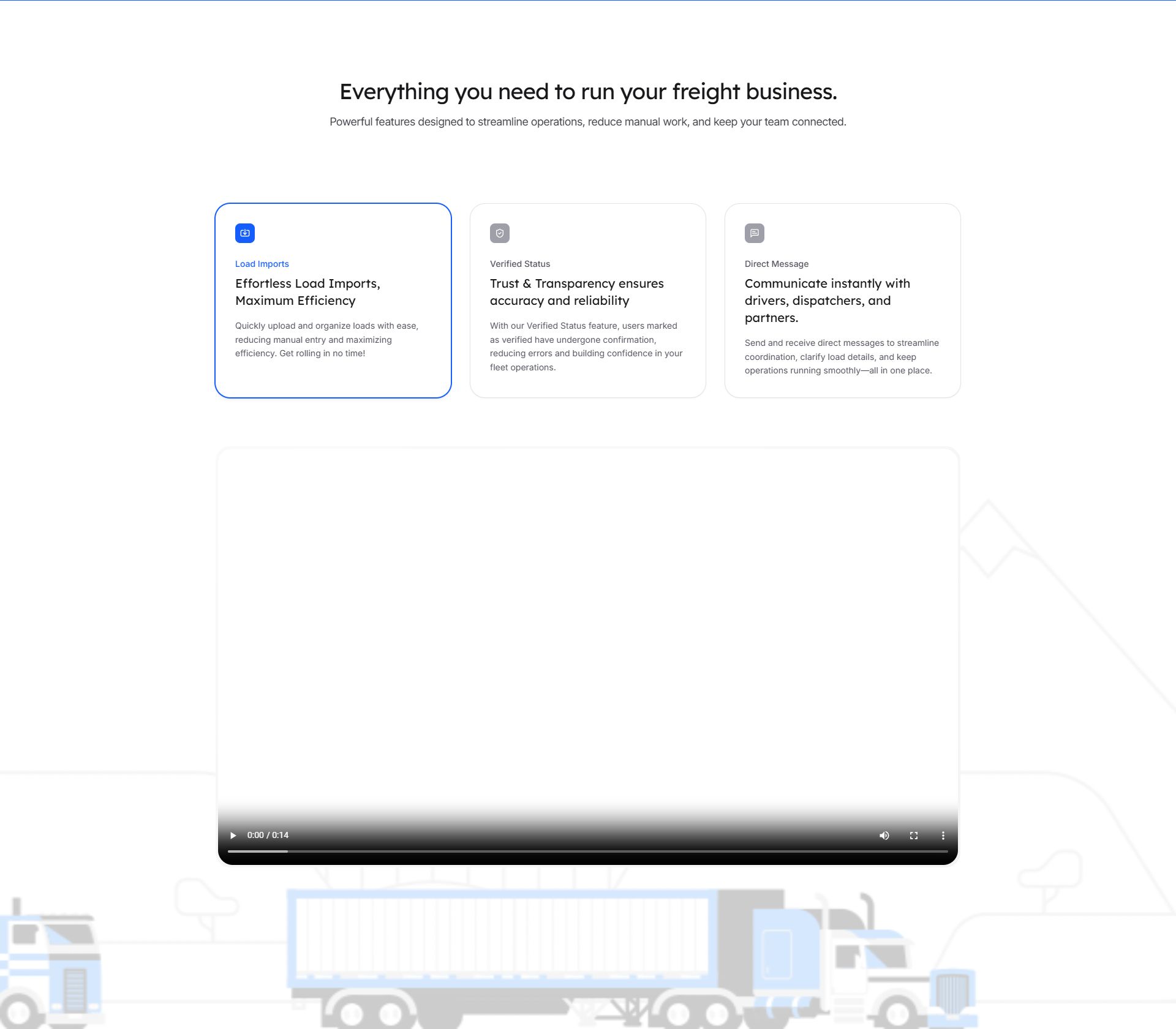The operational features section illustrating Load Imports, Verified Status verification, and Direct Message communication tools.